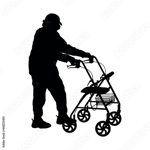 Elderly woman using walker to support walking vector silhouette.