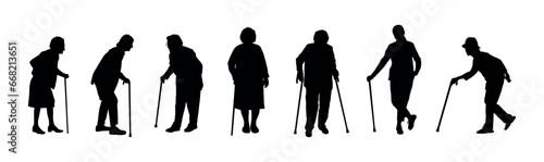 Group of elderly woman with walking sticks silhouette set. 