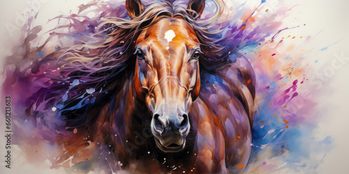 Watercolor painting of a horse with colorful splashes. photo
