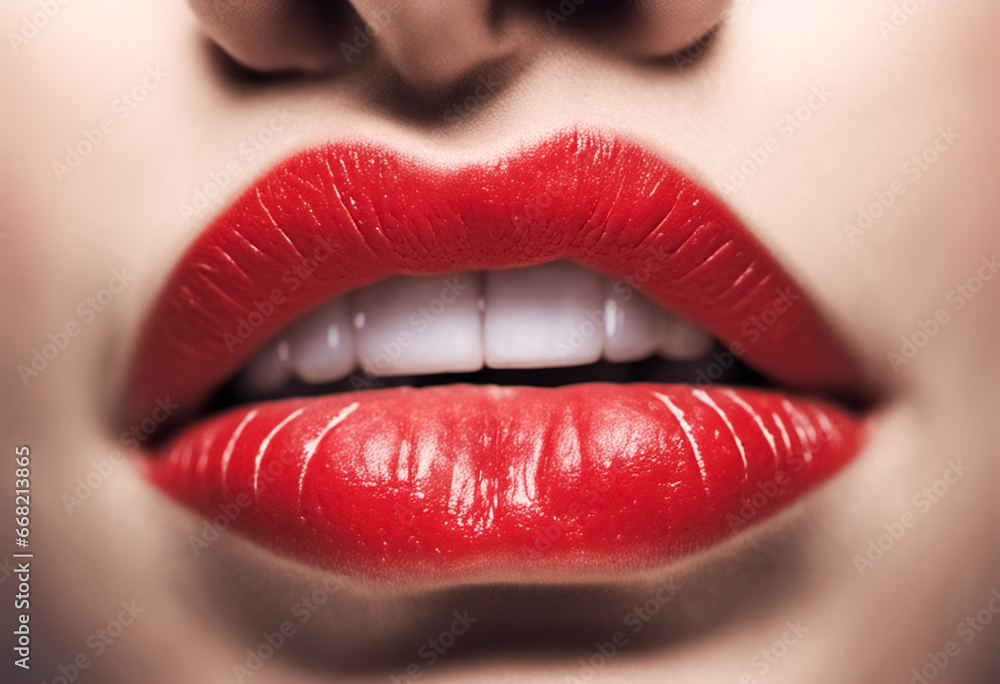 Labbra femminili in primo piano con rossetto rosso acceso - obrazy, fototapety, plakaty 