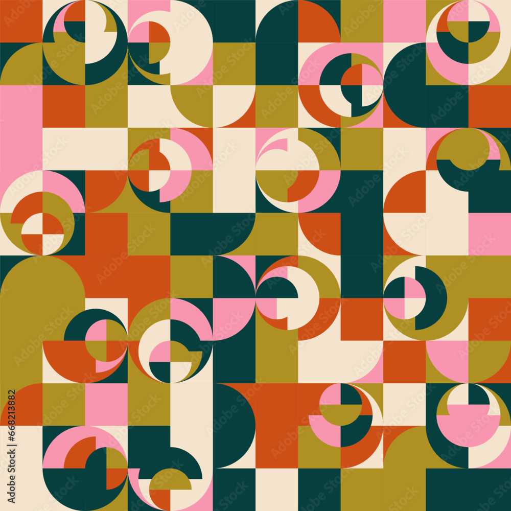 Modern vector abstract geometric background with circles, rectangles and squares in retro scandinavian style. Pastel colored simple shapes graphic pattern. Abstract mosaic artwork. Modern vector abstract geometric background with circles, rectangles and squares in retro scandinavian style. Pastel colored simple shapes graphic pattern. Abstract mosaic artwork.