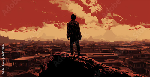 Fantasy super hero warrior stand on the top of a city view in sunset time, silhouette, last stand  photo