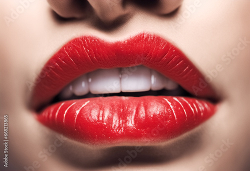 Labbra femminili in primo piano con rossetto rosso acceso photo