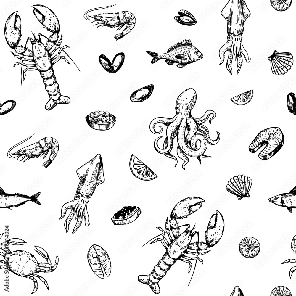 Seafood. seamless pattern. set of vector sketch illustrations, crab, lobster, shrimp, fish Seafood. seamless pattern. set of vector sketch illustrations, crab, lobster, shrimp, fish