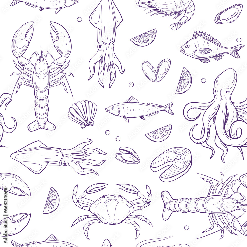 Obraz premium Seafood. seamless pattern. set of vector sketch illustrations, crab, lobster, shrimp, fish