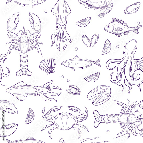 Seafood. seamless pattern. set of vector sketch illustrations, crab, lobster, shrimp, fish
