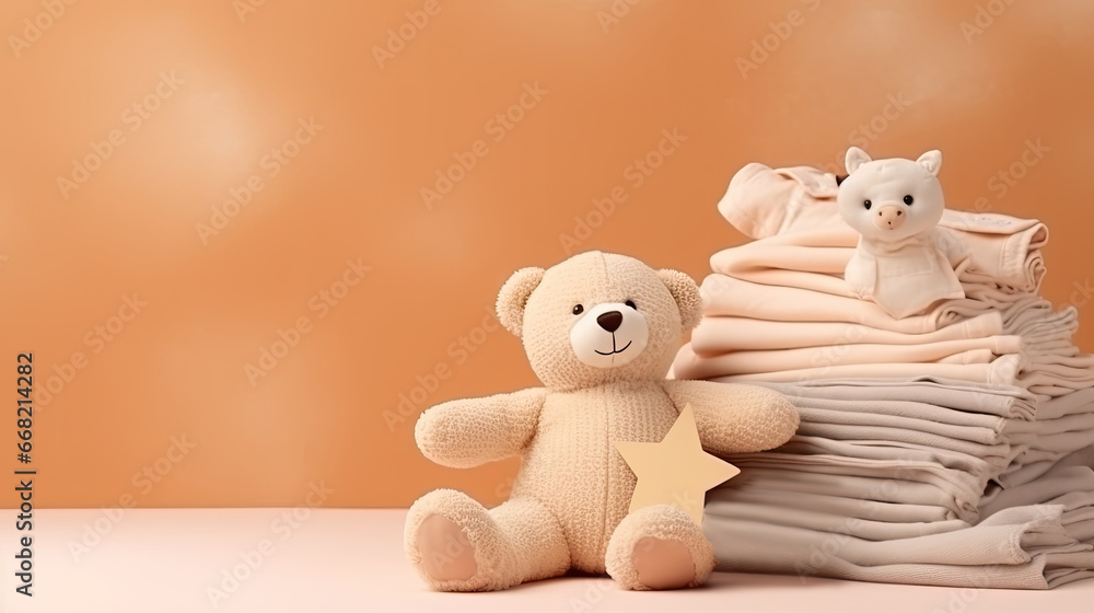baby toys, clothes on beige background, copy space baby toys, clothes on beige background, copy space