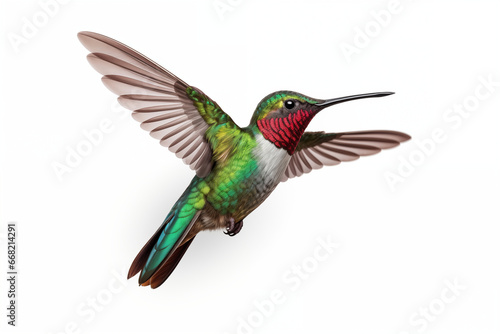 Hyper-Detailed Photorealistic Close-Up: Iridescent Green and Ruby Red Hummingbird on Pure White Background – Precision and Comprehensive Nature Photography of a Realistic and Accurate Avian Beauty