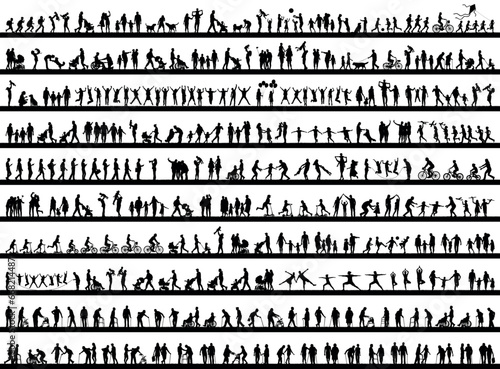 Family outdoors activities hobbies and sports in park vector black silhouettes set collection. People of all ages walking playing together doing recreation activities outdoors silhouette.