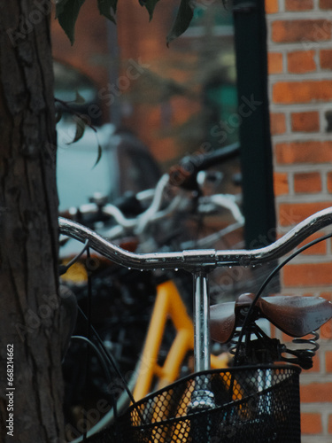 Bicycle handlebar with basket and seat in focus parked near the tree and other bicycles 