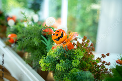 Halloween celebrated ,Close up of Holiday, Skull ,Pumpkins decoration and party concept balloon pumpkin for halloween in home interior, modern loft style or coffee shop at the cafe photo