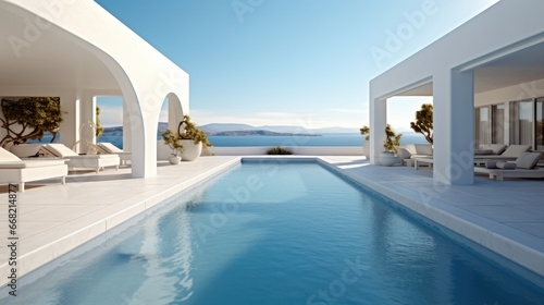 Pool with terrace and minimalist Mediterranean porch, overlooking the ocean. © visoot