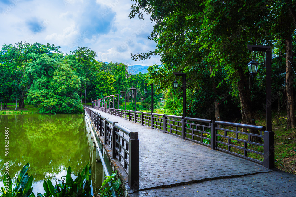 a public place leisure travel landscape the wooden bridge lake views at Ang Kaew Chiang Mai University and Doi Suthep nature forest Mountain views spring cloudy sky background with white cloud. a public place leisure travel landscape the wooden bridge lake views at Ang Kaew Chiang Mai University and Doi Suthep nature forest Mountain views spring cloudy sky background with white cloud.
