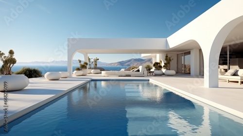 Pool with terrace and minimalist Mediterranean porch, overlooking the ocean. © visoot