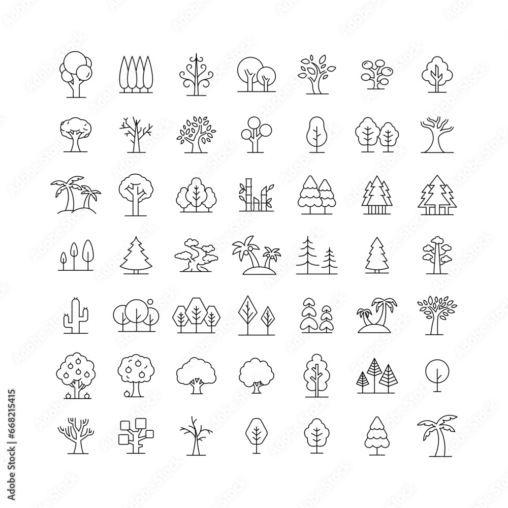 Tree icon set. Simple outline style. Forest, park and garden trees, nature concept. Thin line symbol. Vector illustration isolated.