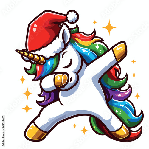Cute unicorn Christmas dabbing dance illustration graphic on a white background