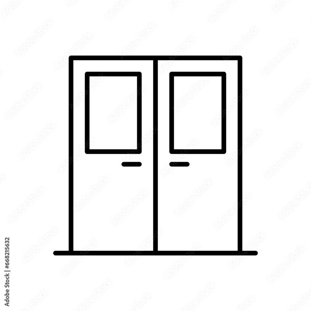 Double door with glass window icon. Simple outline style. Entrance door, hospital, frame, doorway, house, home interior concept. Thin line symbol. Vector illustration isolated. Double door with glass window icon. Simple outline style. Entrance door, hospital, frame, doorway, house, home interior concept. Thin line symbol. Vector illustration isolated.