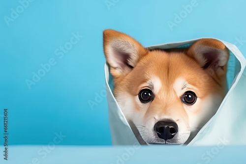 Shiba Una looks from under the blanket, cute dog. Generative AI