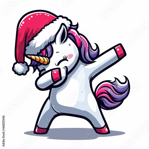 Cute unicorn Christmas dabbing dance illustration graphic on a white background