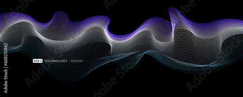 Flowing particles wave pattern blue color isolated on a black background. Vector in concept of AI technology, science, music.
