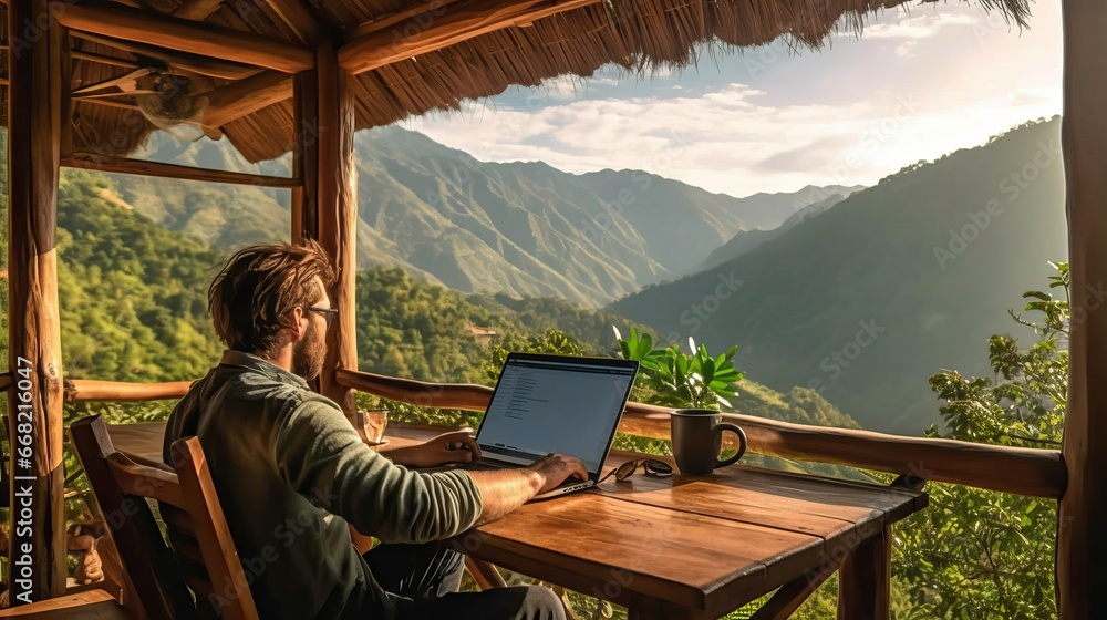 Digital Nomad Working Remotely in a Peaceful Mountain Forest Retreat - Freelancer or Remote Worker Amidst Nature's Beauty and Tranquility