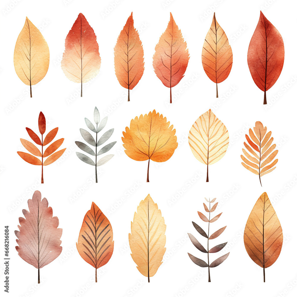 Fototapeta premium Collection of autumn leaves, watercolor illustration, set