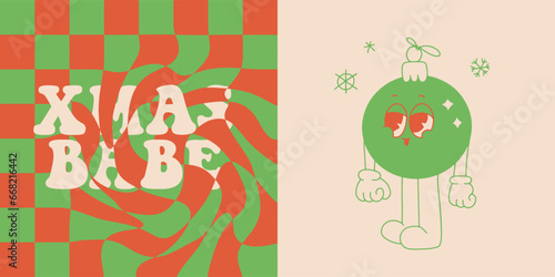 Christmas and New Year retro cartoon character of xmas tree bauble greeting card template. Duotone babe quote and tree decoration ball. Vector mascot illustration vintage comic style cards Isolated