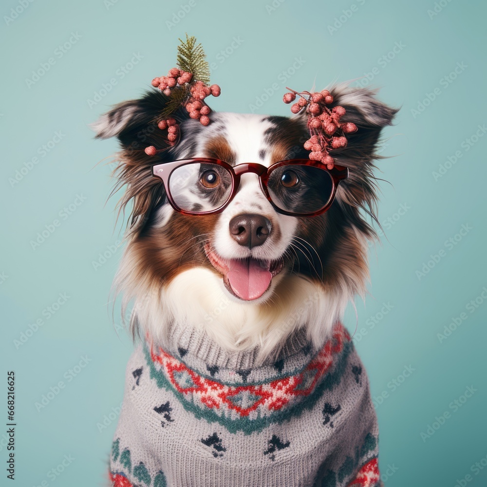 Cute dog in knitted Christmas sweater