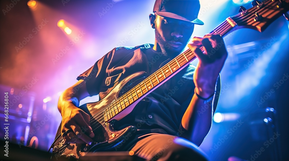 Obraz premium Bass Player on Stage with Electrifying Energy and Artistic Blur, Live Music Performance Concept
