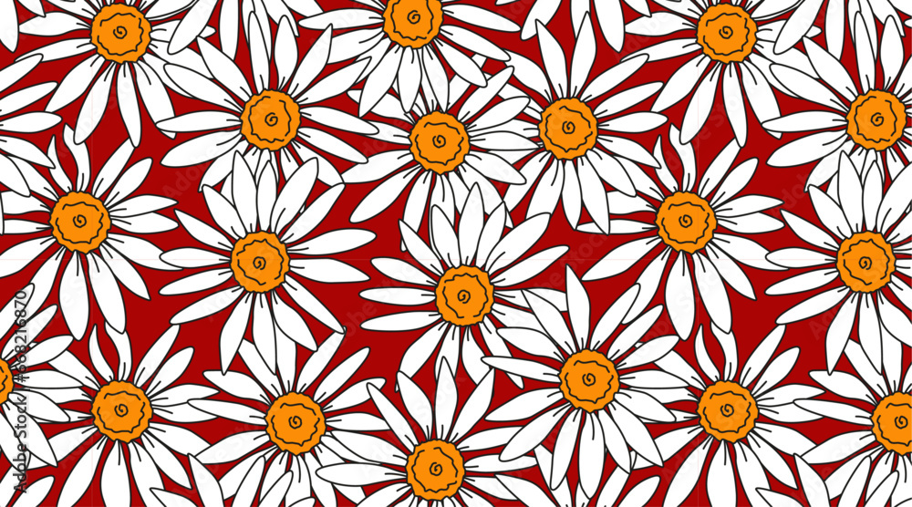 Cartoon daisy seamless pattern. Retro flower background. Chamomile on red backdrop. Vintage floral vector graphic. Useful for print, fabric and gift wrapping.