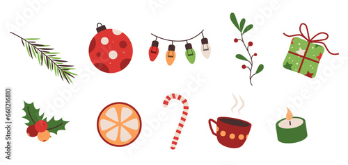 Set of Christmas decoration. Winter holidays illustration of gift box, candle, fairy lights, ball, mug, holly berry and winter plants. Flat vector illustration isolated on white background.  