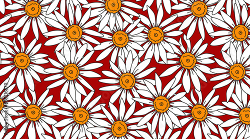 Cartoon daisy seamless pattern. Retro flower background. Chamomile on red backdrop. Vintage floral vector graphic. Useful for print  fabric and gift wrapping.
