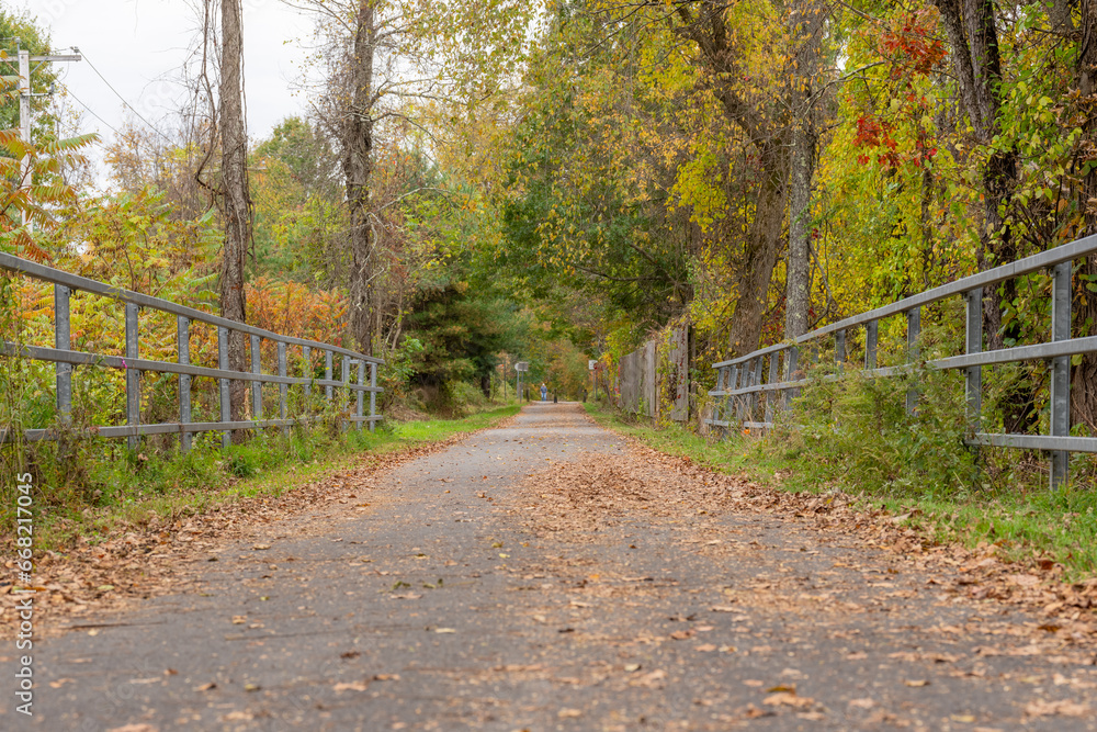 Fall, autumn, image of a long paved trail extending in the distance with orange leaves on the ground. Fall, autumn, image of a long paved trail extending in the distance with orange leaves on the ground.