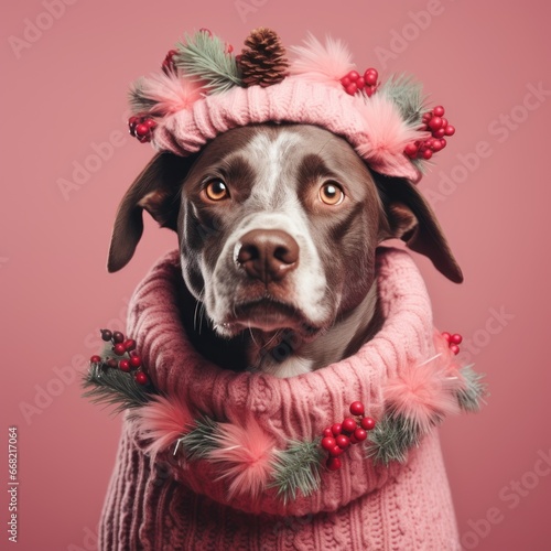 Cute dog in knitted Christmas sweater