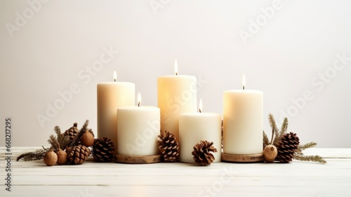 Christmas white candles and natural decor composition in rustic style. Christmas candle decoration with natural wooden elements, fir cones, branches, cinnamon