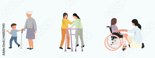 People helping and caring vector set. A boy helps an old mother.Nurses help with patient therapy