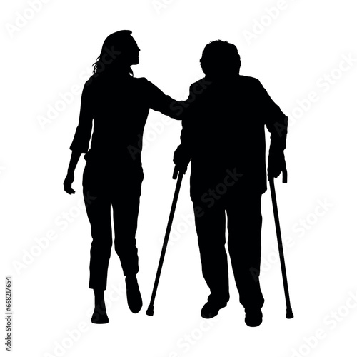 Woman volunteer helping senior woman walking with cane black silhouette.
