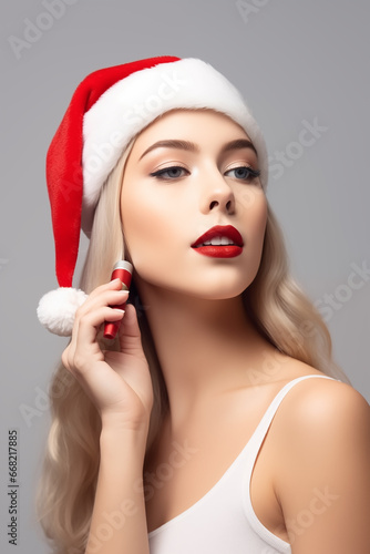 A beautiful .european model poses with a stick of lipstick in a Christmas theme, perfect for your high quality advertising and printing projects.