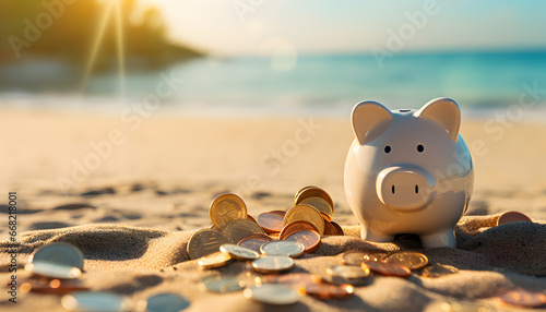 Piggy bank on the beach with coins, savings concept for family or couple vacations photo