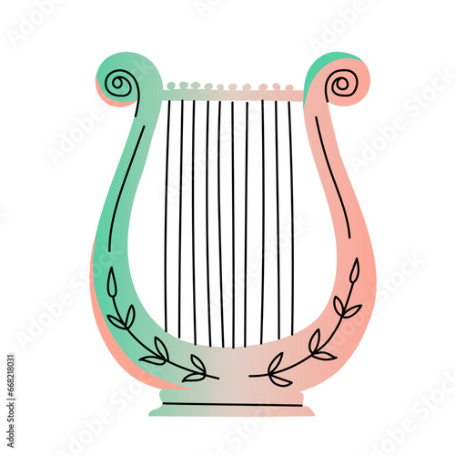 Lyre musical instrument isolated. Greek symbol. Element with color gradient and line. Hand drawn. Vector illustration.