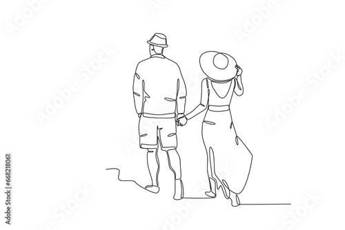 A couple on summer vacation. Honeymoon one-line drawing