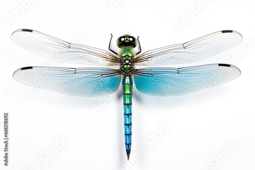 A Close-Up Photorealistic Capture of a Dragonfly: Realistic Hyper-Detailed Image of a Vibrant Blue and Neon Green Insect on a White Background, Accurate and Detailed Nature Photography