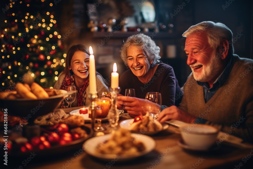 Family celebrating Christmas enjoying dinner Family celebrating Christmas enjoying dinner
