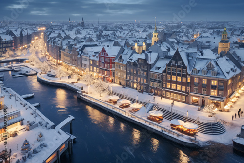 Aerial photography of Nyhavn, copenhagen in snowy winter, beautiful architecture, stunning view, city lights  at blue hour