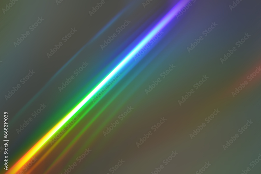 An ethereal rainbow light flare effect. Rainbow light prism effect background. Hologram reflection, crystal flare leak shadow overlay. Abstract blurred iridescent light backdrop