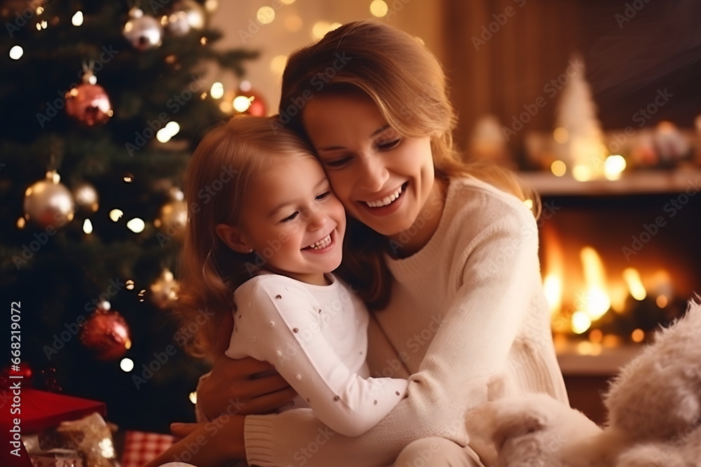 New Year. Christmas. Family. Mom and her little daughter are hugging and smiling, a Xmas tree in the background at home New Year. Christmas. Family. Mom and her little daughter are hugging and smiling, a Xmas tree in the background at home