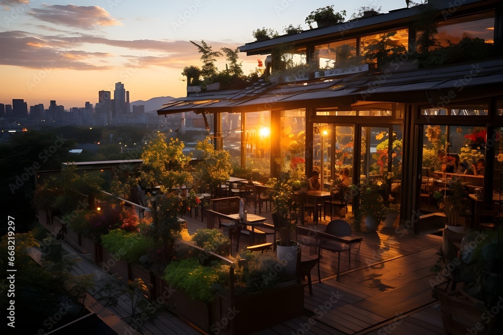 Enchanting Sunset at a Rooftop Garden Restaurant