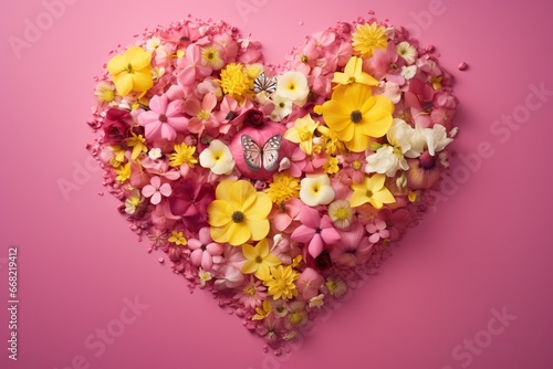 Heart symbol made of wildflowers and leaves with butterfly on pink background. Valentines day, wedding, anniversary celebration. Romantic present for Woman day. Creative love concept with copy space