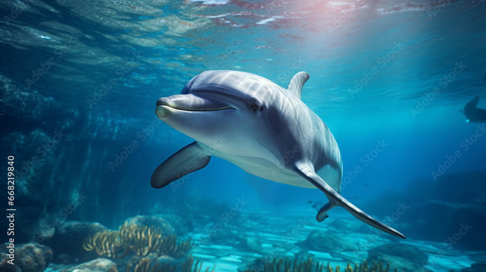 Obraz premium Dolphins are enchanting marine mammals, celebrated for their intelligence and captivating behaviors.These creatures,known for their friendly and social nature, are symbol the ocean's beauty and grace.