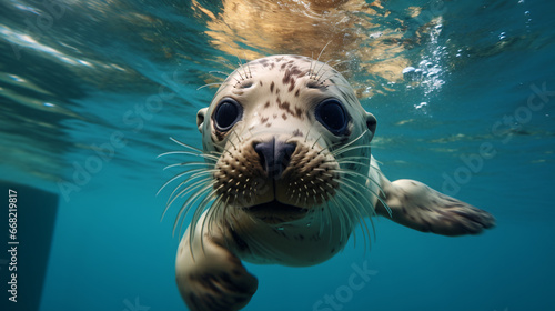 Seals are remarkable marine mammals with the ability seamlessly transition from land to water. Their streamlined bodies and powerful flippers enable them to go underwater with great agility and ease. © peerapong